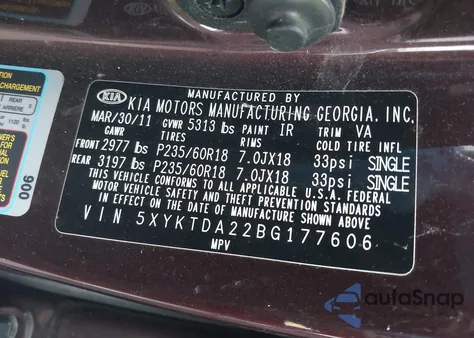 2011 Kia Sorento Lx V6 из США, поврежденный, VIN 5XYKTDA22BG177606